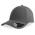 A grey cap with a curved visor and a logo, featuring a smooth design and adjustable fit.