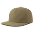 A flat peak cap in olive green, featuring a solid design and a logo on the front.