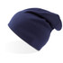 A navy blue beanie with a slouchy fit and a logo on the side.