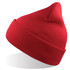 A red beanie made from recycled polyester, featuring a fold-up brim and a pointed top. It has a logo.