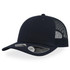 A navy cap with a mesh back and a mid visor, featuring branding on the side.