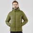 A men's thermal jacket in olive green with a zipped front and hood, featuring a quilted design and pockets.