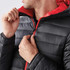 A Men's Stavanger Thermal Jacket in black with a red interior, featuring a zip and hood. It has a logo on the sleeve.