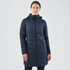 A navy women's parka jacket with a zip front, hood, and slim fit, featuring a logo on the lower side.