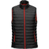 A black thermal vest with red accents, featuring a high collar and zip closure, and a logo on the side.