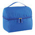 A blue lunch bag with a zip closure and handle, featuring a front pocket and a branded logo.