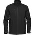 A black softshell jacket with a zippered chest pocket and two side pockets, featuring a collar and a logo.