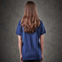 A navy blue women's polo shirt featuring a logo on the back.