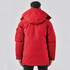 A red Men's Denali Parka with a hood, featuring a zip closure and a logo on the sleeve.