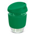 A drink bottle featuring a green silicone lid and sleeve, with a clear borosilicate glass body.