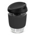 A drink bottle made of clear borosilicate glass with a black silicone sleeve and lid, featuring a sleek design.