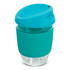 A drink bottle featuring a clear borosilicate glass body with a teal silicone sleeve and lid. It has a logo.