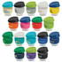 A collection of Nova Cups in various colours, featuring borosilicate glass and different coloured lids along with branding.