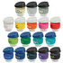 A collection of reusable coffee cups in various colours and styles, featuring lids and some with logos.