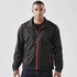 A black jacket with red accents and a zippered front, featuring side pockets and a stand-up collar.
