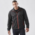 A black men's jacket with red accents, featuring a zippered front and side pockets. It has a logo on the sleeve.