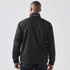 A black jacket with a high collar and branding on the back, featuring a simple and sleek design.