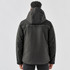 A black men's thermal jacket featuring a hood, showing the back view and a slight logo detail.