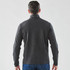 A men's quarter-zip pullover in dark grey, featuring a high collar and long sleeves, with a logo on the back.
