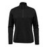 A black women's pullover featuring a quarter zip and long sleeves, with a logo on the sleeve.