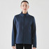 A navy blue women's softshell jacket with a zip front and a high collar, featuring a logo.