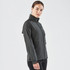 A women's rain jacket in dark grey featuring a zip front, high collar, and side pockets, with branding present.