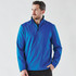 A blue men's 1/4 zip anorak jacket with a front zipper and a logo on the chest.