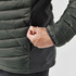 A close-up of a men's thermal jacket in dark green, featuring a zippered pocket on the side and puffy texture.