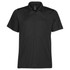 A black men's polo shirt featuring a classic collar and three-button placket, with a branding logo.