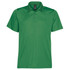 A green men's polo shirt with a classic collar, featuring a branding logo on the chest.