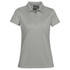 A women's polo shirt in light grey with a collar and a branding logo.