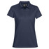 A navy women's polo shirt featuring a collar, short sleeves, and a button placket. It has a logo on the chest.