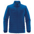 A blue quilted jacket with a zip front and stand collar, featuring a logo on the side.