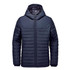 A navy blue quilted hoody with a zip front and a hood, featuring a logo.