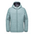 A light blue quilted hoody with a zip front and a hood, featuring a logo on the chest.