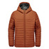 A brown quilted hoody with a zip closure and a hood, featuring a contrasting interior lining and a logo.
