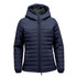 A women's navy quilted hoody with a zip front, hood, and ribbed cuffs; features a logo on the chest.
