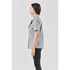 A light grey women's button-up shirt is displayed, featuring a collar and short sleeves. The shirt has a logo.