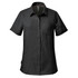 A black short-sleeved button-up shirt with a front pocket and subtle speckled pattern. Features a logo on the label.