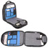 A black backpack with blue interior compartments, featuring pockets for a laptop and various devices. Includes a logo.