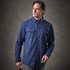 A men's long-sleeve button-up shirt in a dark blue colour with chest pockets and a collar. The shirt has a logo.