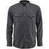 A dark grey button-up shirt with long sleeves and two chest pockets. It features a logo on the label.