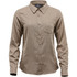 A long-sleeve women's button-up shirt in a warm, brown texture, featuring a collar and a chest pocket.