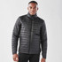 A black puffer jacket with a zip front and high collar, featuring a logo on the chest.