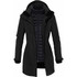 A black women's jacket featuring a hood and a zippered front, with a quilted inner lining and a logo.