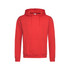 A red men's hooded sweatshirt featuring a front pocket and a logo on the label.