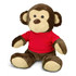 A plush monkey toy featuring brown fur and a red shirt, sitting with a friendly expression. It has a branding logo.