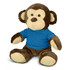 A plush monkey toy with brown fur and a blue T-shirt, featuring soft ears and a friendly expression.