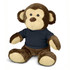 A brown plush monkey toy with cream accents, wearing a dark blue shirt, featuring a branding logo.