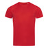 A vibrant red men's active sports T-shirt with short sleeves and a logo.